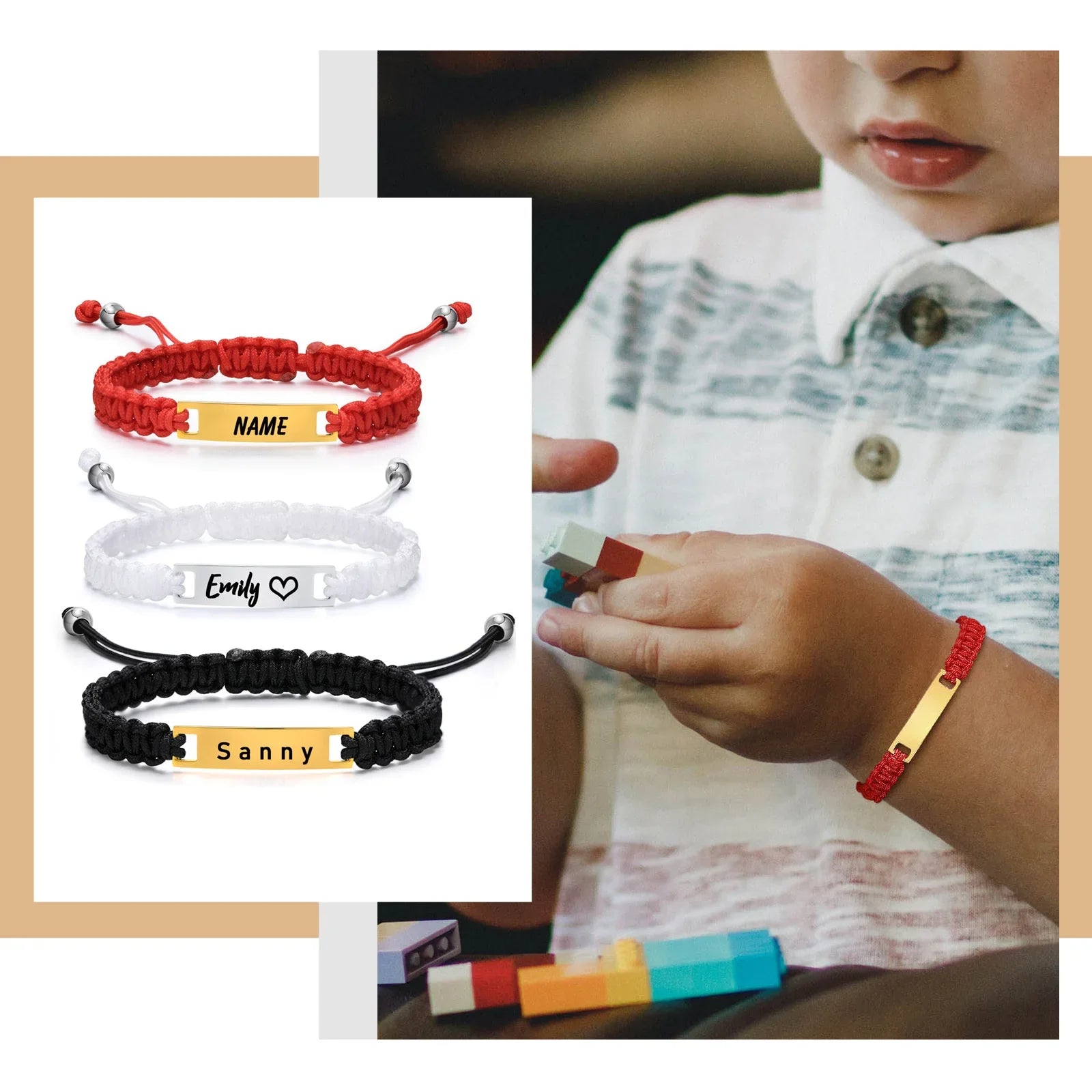 Personalized Name Bracelet for Girl Boy Child, Adjustable Braided Rope Custom ID Tag Bracelet, Engrave Birthday Christmas Gift Vera Lux