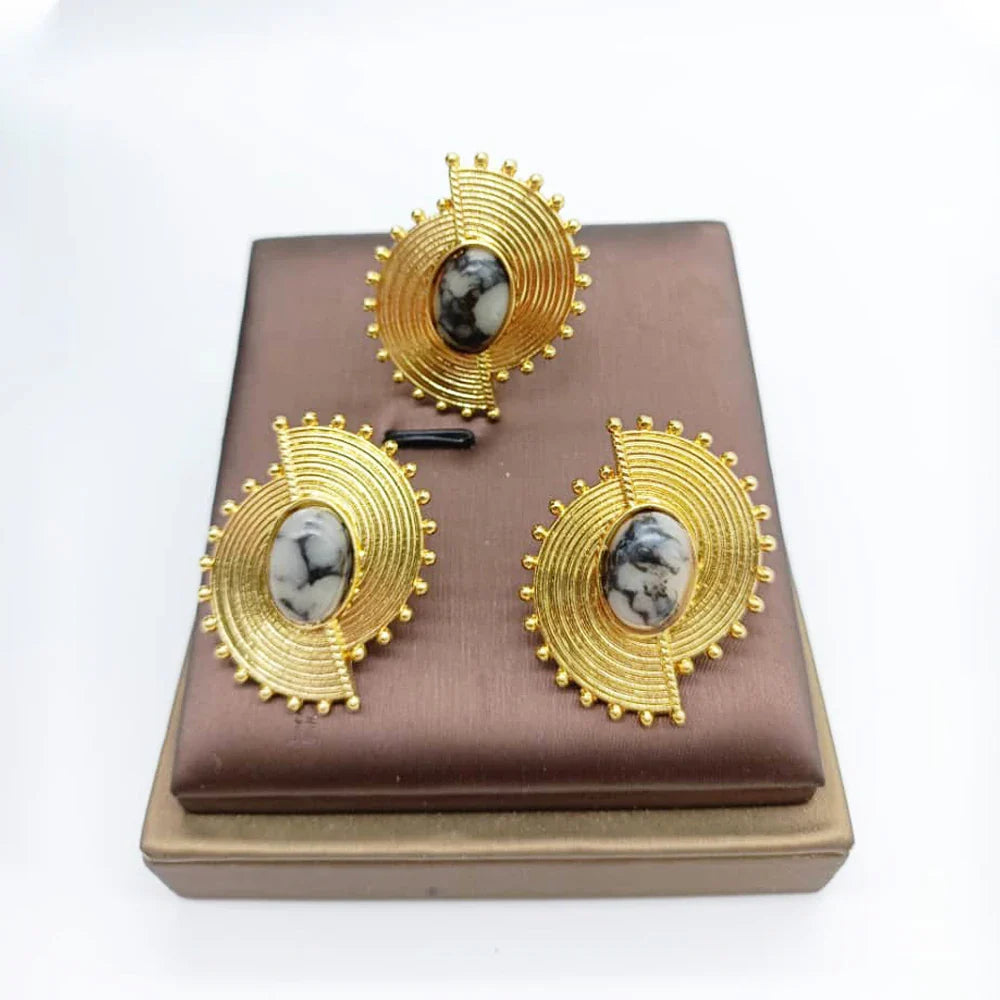African Jewelry Set for Women Spiral Shape New Fashion Purpuse Stone Earrings Finger Ring Dubai Indian Luxury Gold Color Jewelry Vera Lux
