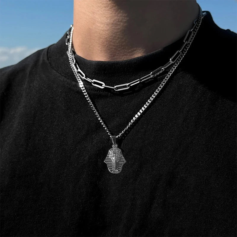 18K Gold Plated Stainless Steel Pendant Vintage Egyptian Pharaoh Portrait Lion Skull & Ghost Hand Charms Trendy Jewelry Vera Lux