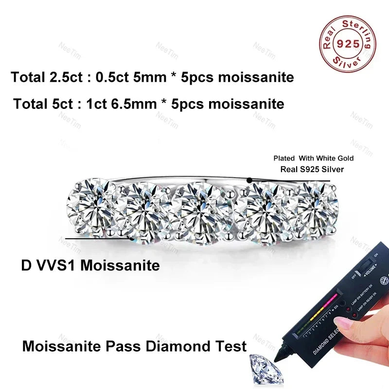 NeeTim 5mm 6.5mm Full Moissanite Ring for Women S925 Sterling Silver Eternity Sparkling Diamond Band Wedding Rings Jewelry Vera Lux