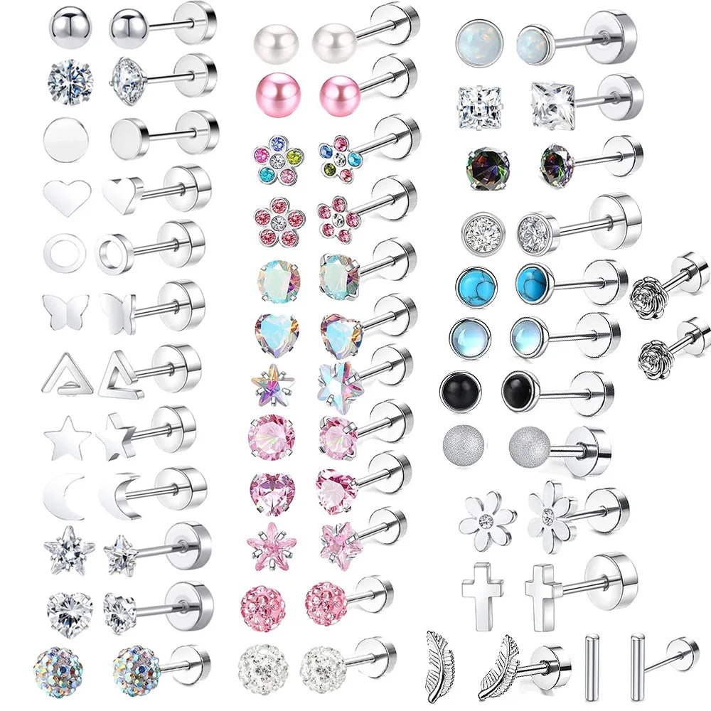 2PCS/Set Stainless Steel Heart Moon Earbone Stud Screw Ball Stud Earrings for Women Fashion Ear Tragus Cartilage Body Piercing Vera Lux