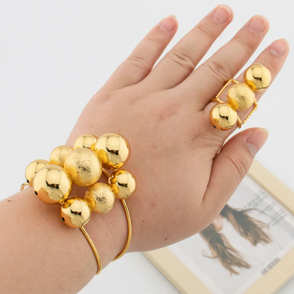 African Gold Color Jewelry Set for Women Beads Design Cuff Bangle and Ring Dubai Weddings Bride Jewelry Set Accessories Gifts Vera Lux