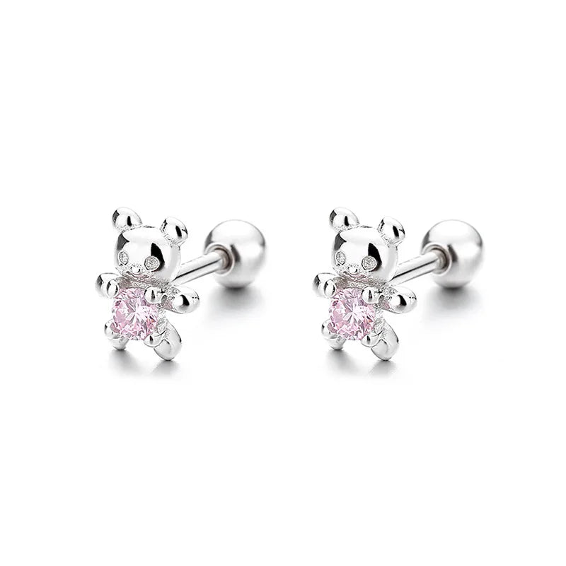 925 Sterling Silver Adorable Bear Ear Studs Screw-On Ear Plugs Stylish Ear Jewelry Exquisite Gift Vera Lux