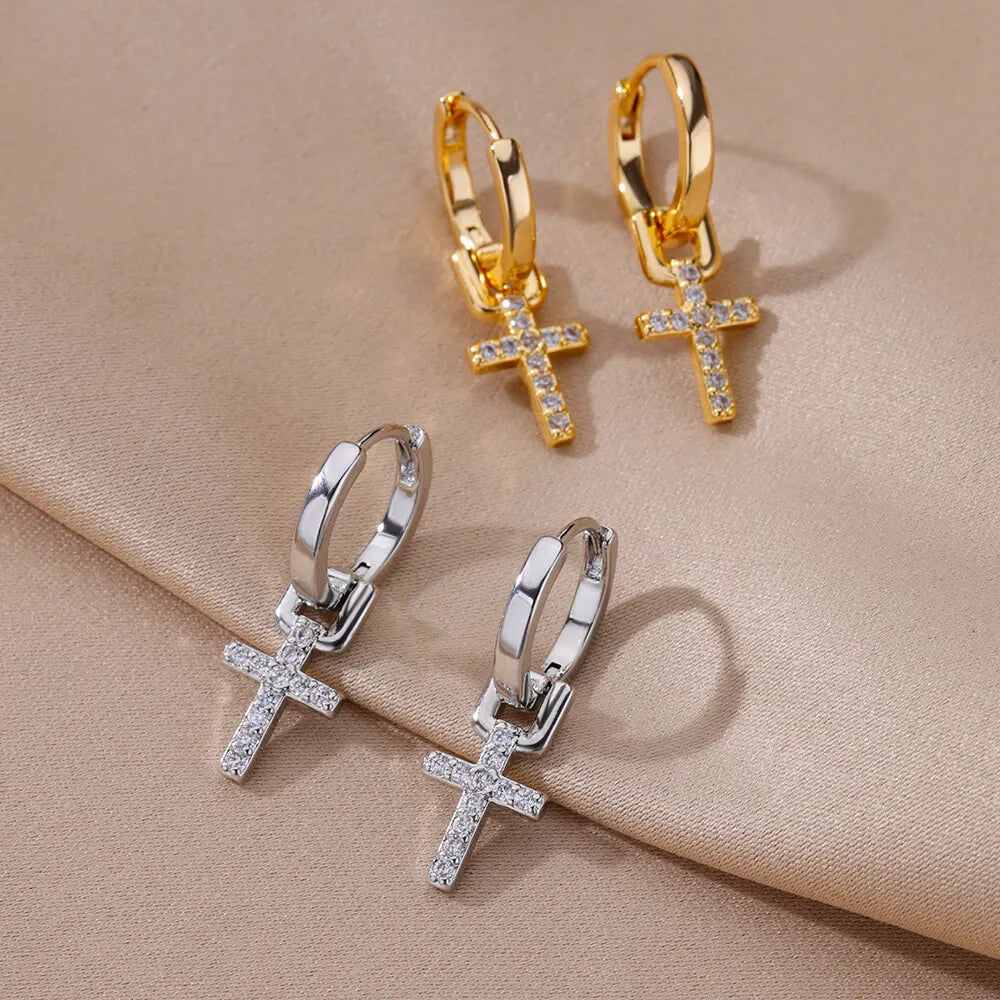 Zircon Cross Dangle Earrings For Women Girls Stainless Steel Cross Earring 2023 Trending Couple Wedding Aesthetic Jewelry aretes Vera Lux