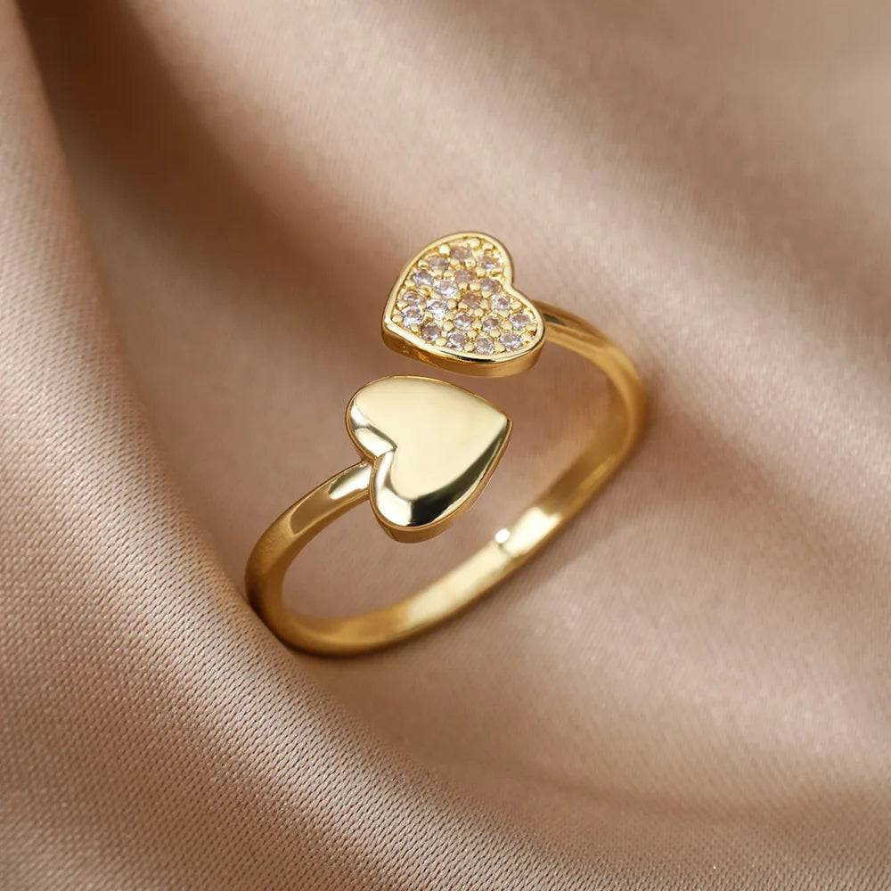 Zircon Heart Rings For Women Stainless Steel Gold Color Geometric Open Finger Ring Fashion Wedding Aesthetic Jewelry Gift Vera Lux