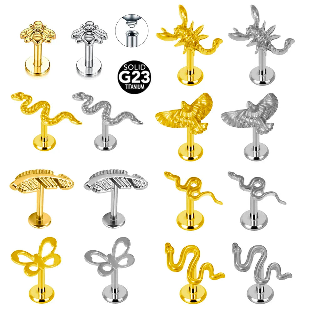 G23 Titanium Snake Bee Feather Labret Piercing 16G Internal Thread Earring Stud Cartilage Helix Body Jewelry Vera Lux