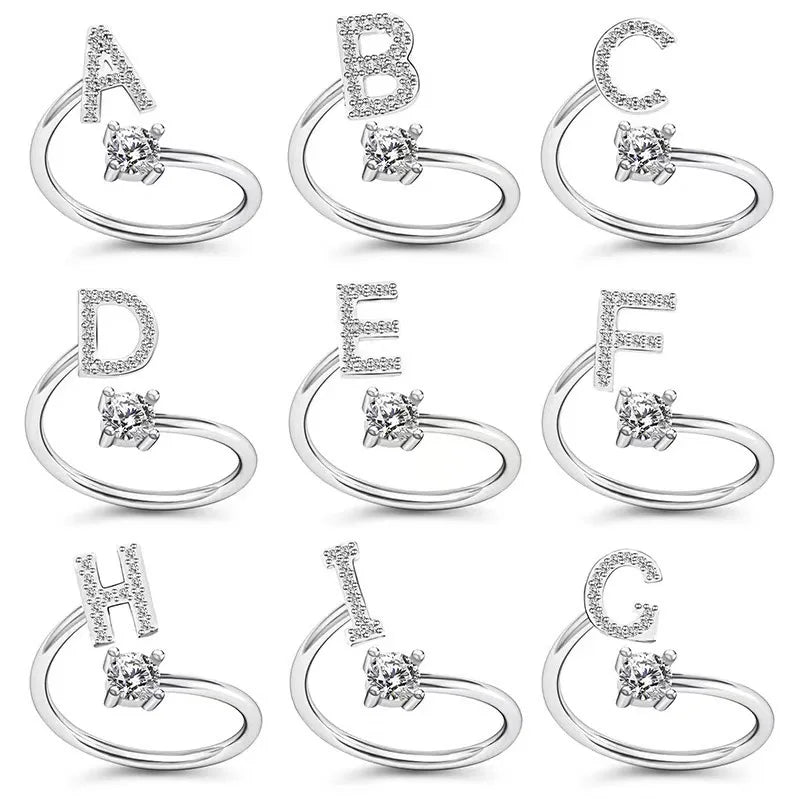 LATS Zircon Initial A-Z Letter Rings for Women Girl Adjustable Opening Ring Name Alphabet Female Wedding Fashion Jewelry Gift Vera Lux