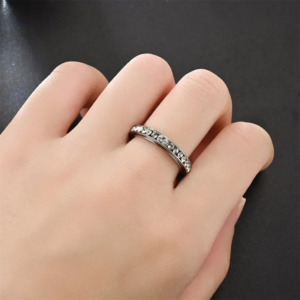 4MM Stainless Steel Spinner Finger Rings For Women Crystal Rotatable Wedding Ring Men Fashion Anniversary Party Jewelry Vera Lux