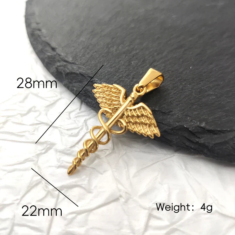18K Gold Plated Stainless Steel Angel Wing Serpent Necklace - Greek Caduceus Pendant, Doctor/Nurse Charm Jewelry Vera Lux