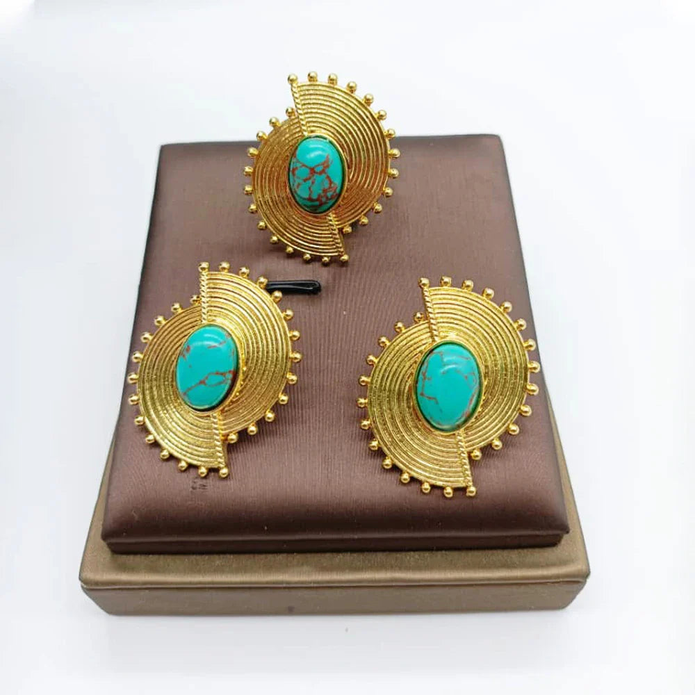 African Jewelry Set for Women Spiral Shape New Fashion Purpuse Stone Earrings Finger Ring Dubai Indian Luxury Gold Color Jewelry Vera Lux