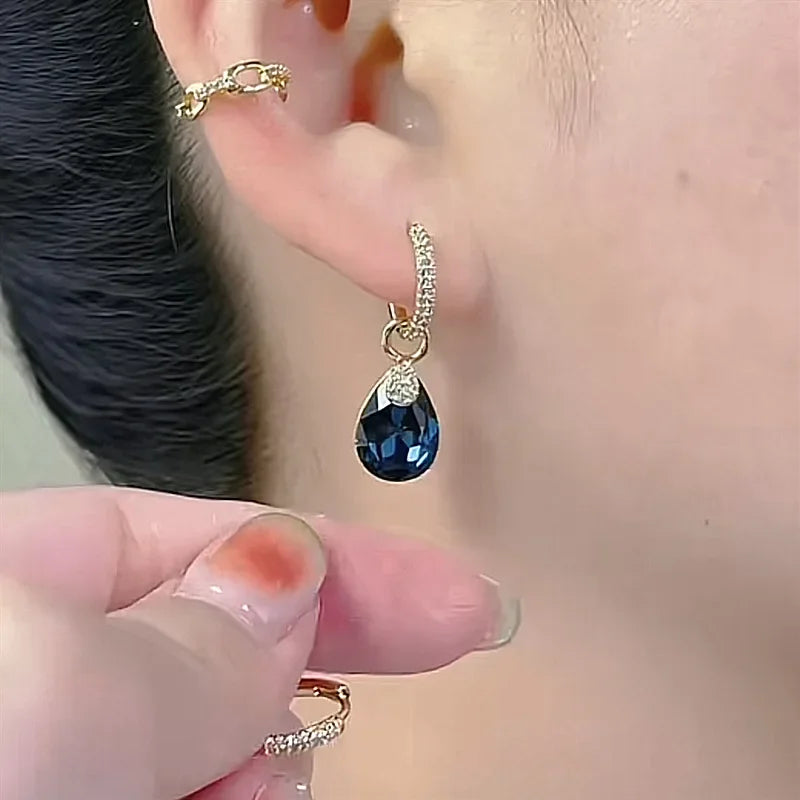 Exquisite Blue Drop-shaped Crystal Pendant Earrings For Women Fashion Personalized Daily Accessories Party Jewelry Birthday Gift Vera Lux
