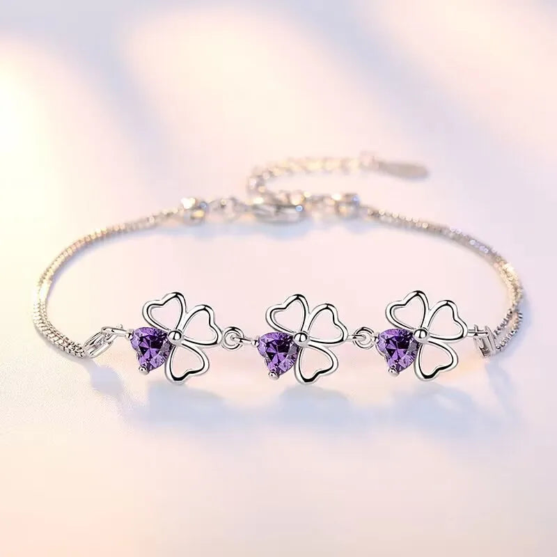 NEW Fine 925 Sterling Silver Purple Crystal Lucky Clover Bracelets for Women Fashion Party Wedding Accessories Jewelry 17CM+4CM Vera Lux