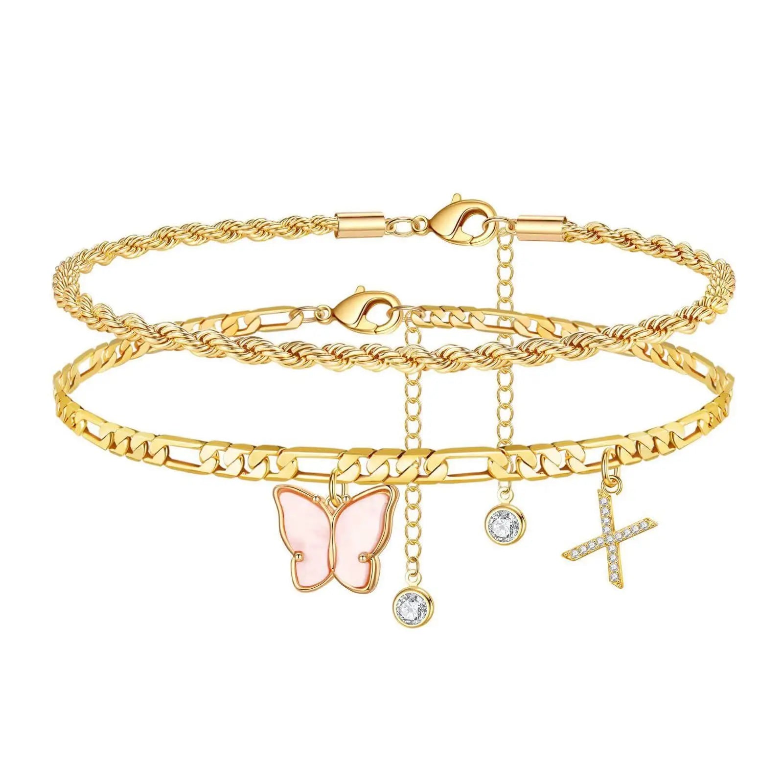 2Pcs Stainless Steel Initial Anklet Set For Women 26 Letter Acrylic Butterfly Charm Chain On Foot Summer Ankle Bracelet Jewelry Vera Lux