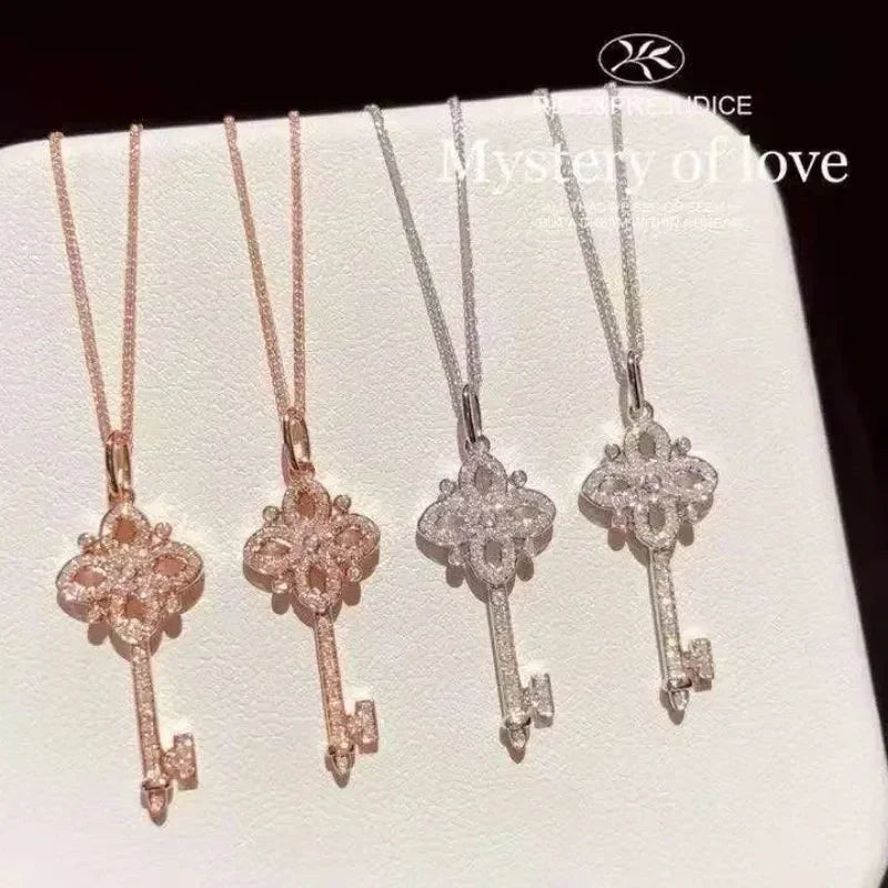 925 Sterling Silver Pave Crystal Vintage Key Pendant 14k Gold Plating Necklace Women Light Luxury Temperament Dress Jewelry Femstylo