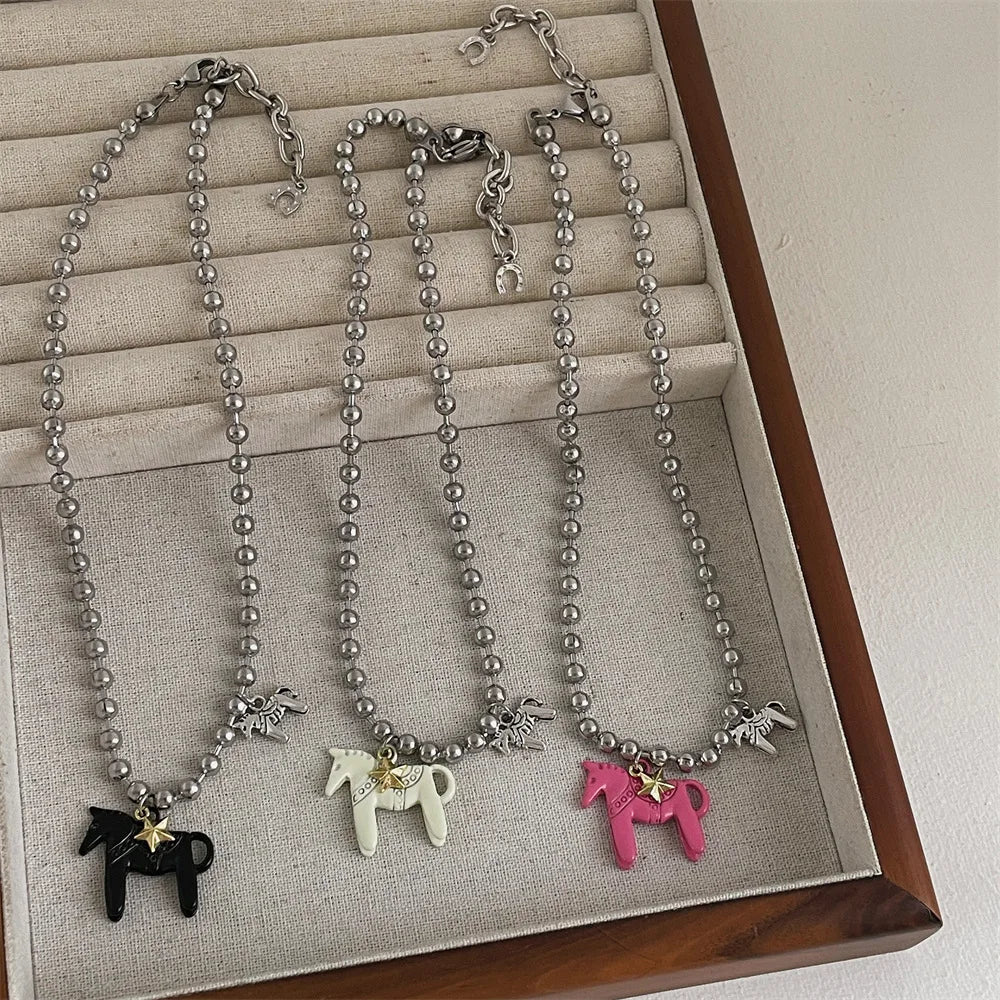 LATS White Black Green Blue Pink Color Enamel Colt Horse Pendant Necklaces for Women Silver Plated Alloy Beads Chain Chokers Vera Lux