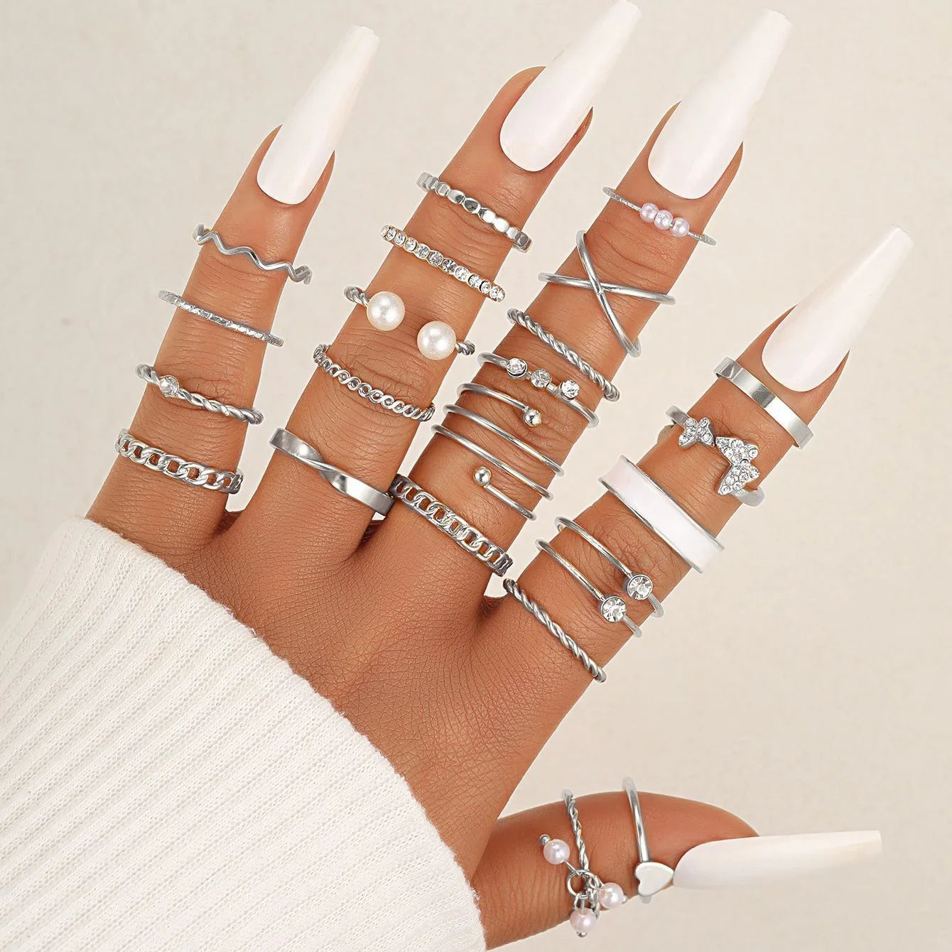 30 PCS Silver Color Geometric Ring Set For Women Vintage Heart Eye Cross Sun And Moon Leaf Charm Finger Ring Female Boho Jewelry Vera Lux