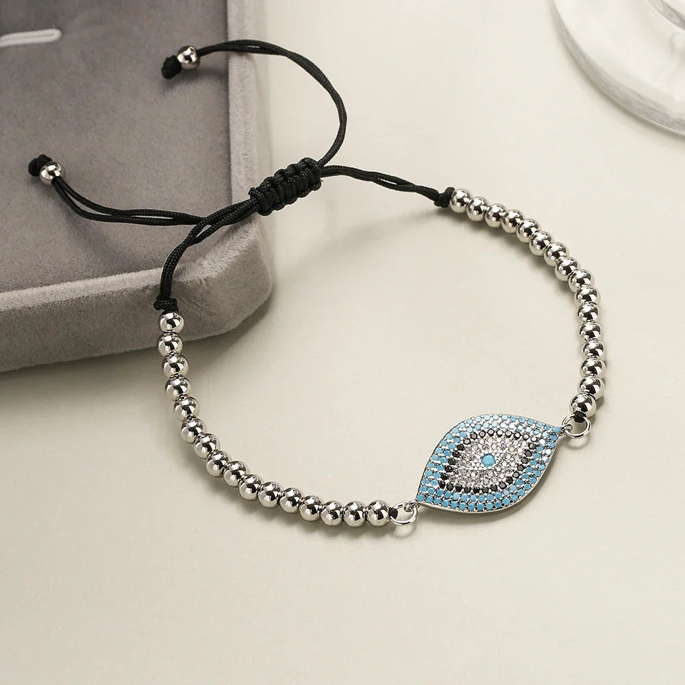NEWBUY 2023 Fashion Hand Made Black Rope Beads Chain Bracelet Adjustable AAA CZ Zircon Evil Eye Charm Bracelets For Women Girl Vera Lux