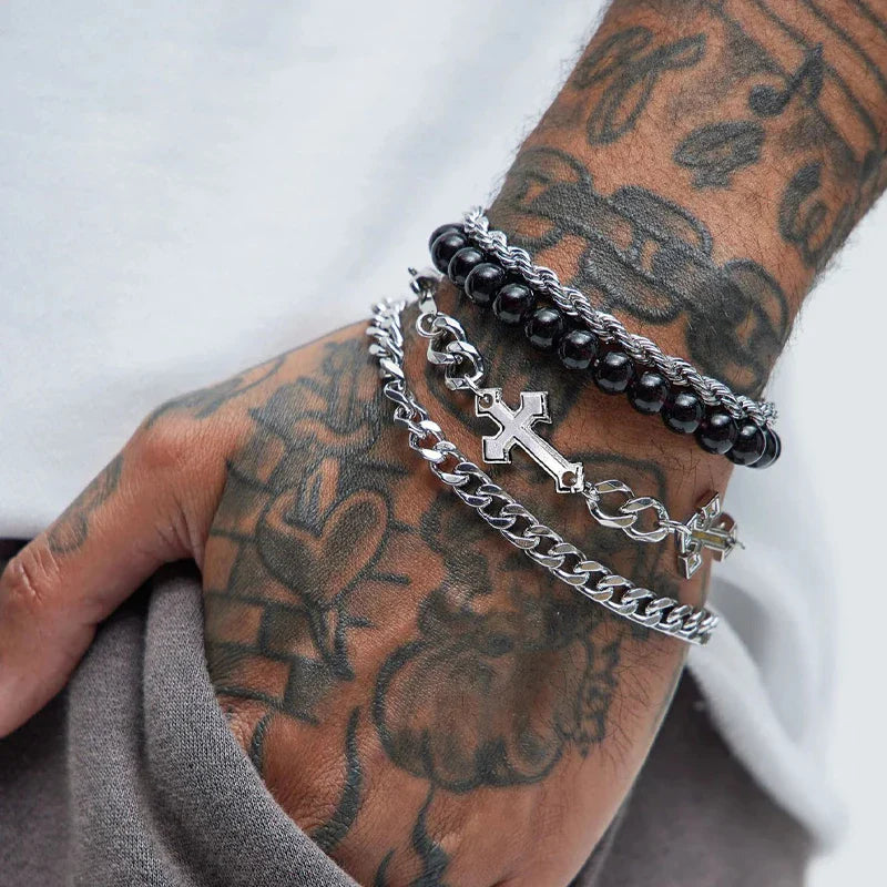 4 Pcs Stainless Steel Bracelet Set For Men Women Punk Fashion Cross Beads Chain Bracelets Simple Hip Hop Unisex Jewelry Gift New Vera Lux