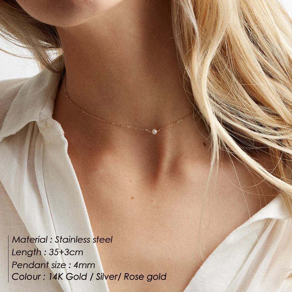 4MM Simulated-pearl Pendant Necklace for Women Dainty Stainless Steel Gold Color Necklace Women Vera Lux