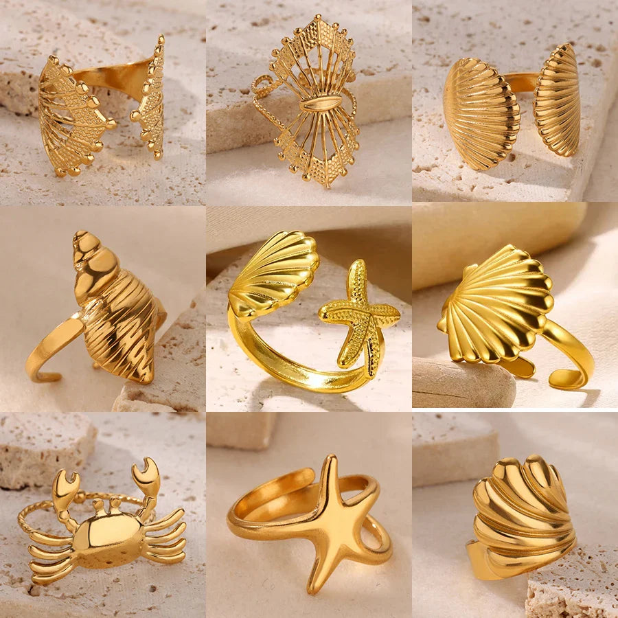 Starfish Shell Conch Stainless Steel Open Rings For Women Gold Color Adjustable Finger Ring Fashion Sea Vacation Jewelry Gifts Vera Lux