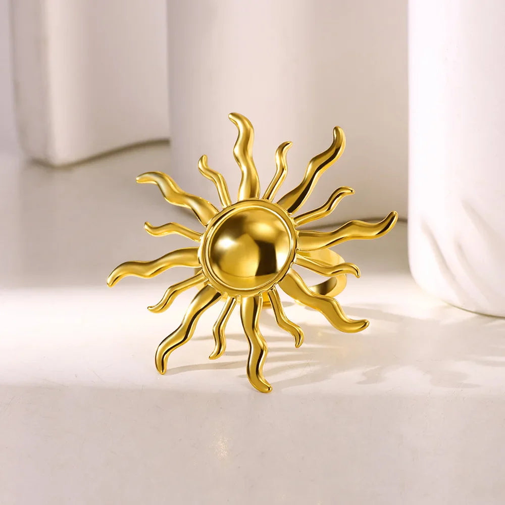 Exaggerated Sun Rings For Women Gold Color Stainless Steel Sun Adjustable Ring Fashion Anniversary Party Lucky Jewelry Gift Vera Lux