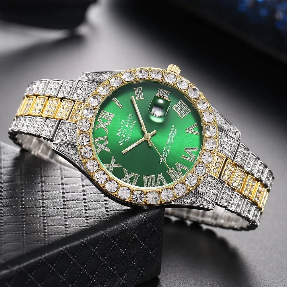 Hot Sale Diamond Bling Watch Men Gold Color Luxury Gift Quartz Watches Male Clock Dropshipping  Rhinestone Calendar Wristwatch Vera Lux