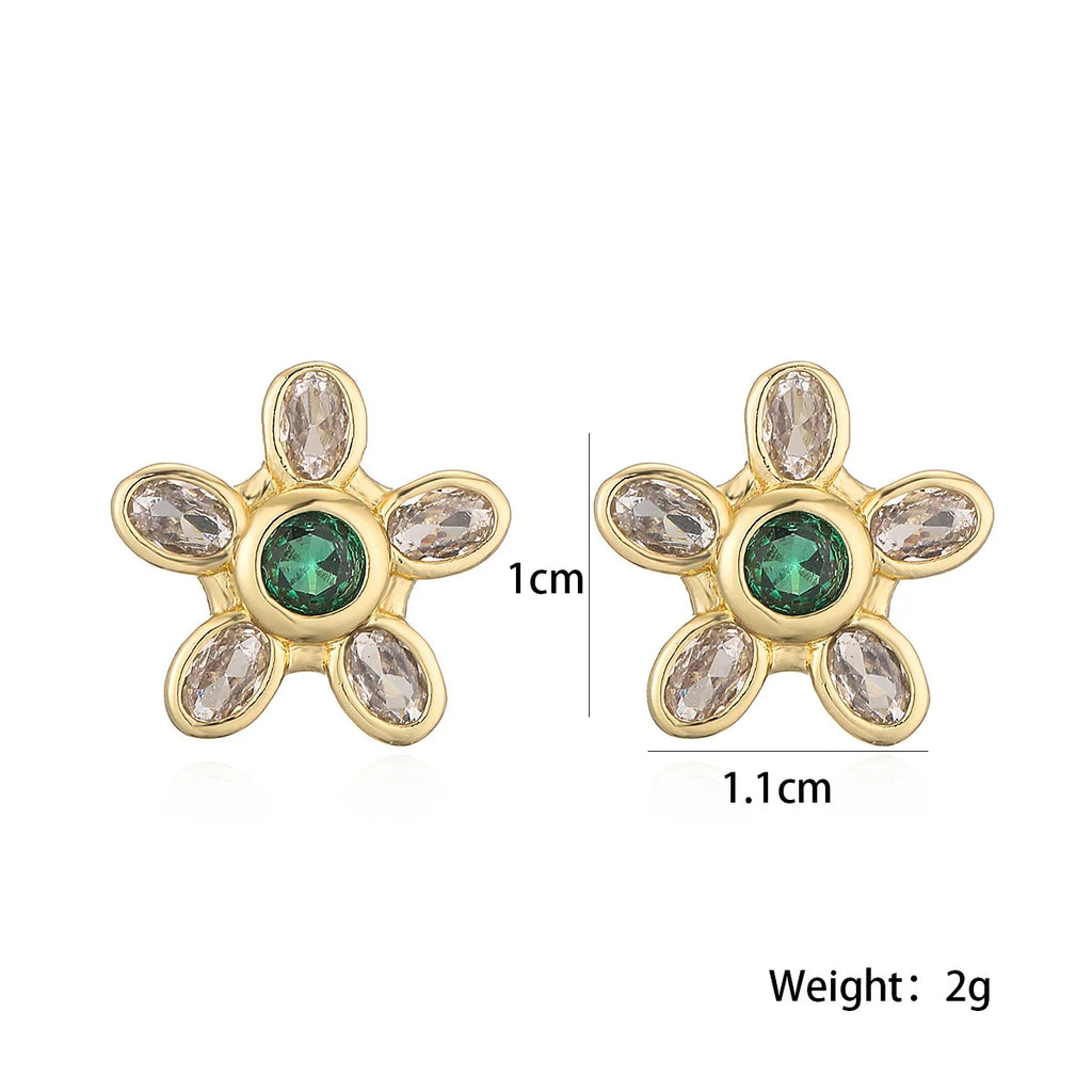 NEWBUY Delicate Gold Color Cute Flower Stud Earrings For Women Pink Green White CZ Crystal Jewelry Femme Bijoux Vera Lux