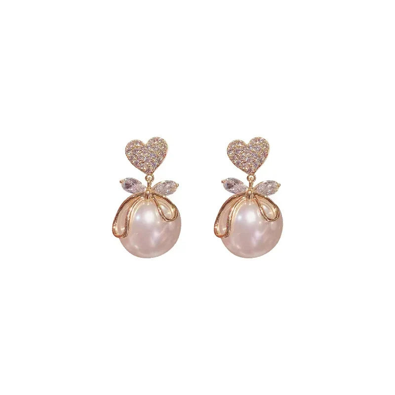 Korean Heart Drop Earrings For Women Girl Romantic Valentine's Day Gift Fashion Jewelry Trend Hanging Pearl Cute Bowknot Earring Vera Lux