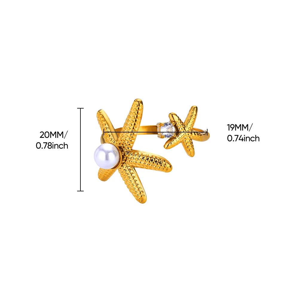 2025 Freshwater Anillos Stainless Steel Pearl Starfish Shell Rings For Women Punk Gold Color Vintage Waterproof Beach Jewelry Vera Lux