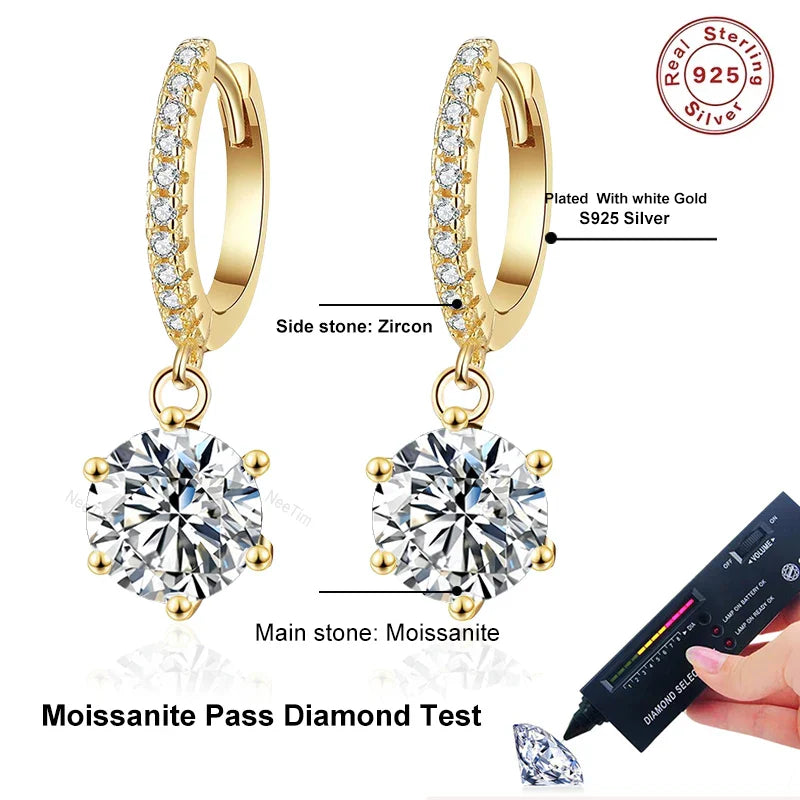 NeeTim 0.5ct 1ct Moissanite Drop Earrings S925 Sterling Silver with Gold Plated Wedding Jewelry With Certificate Hoop Earrings Vera Lux