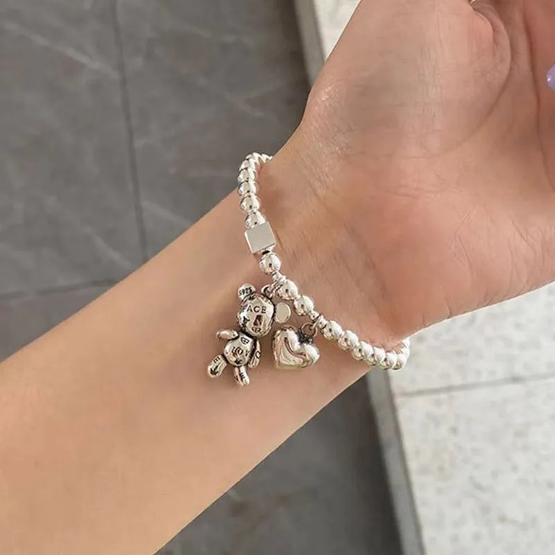 925 Sterling Silver Bracelets for Women String of Beads Accessories Trend Vintage Simple Cute Bear Pendant Party Jewelry Vera Lux