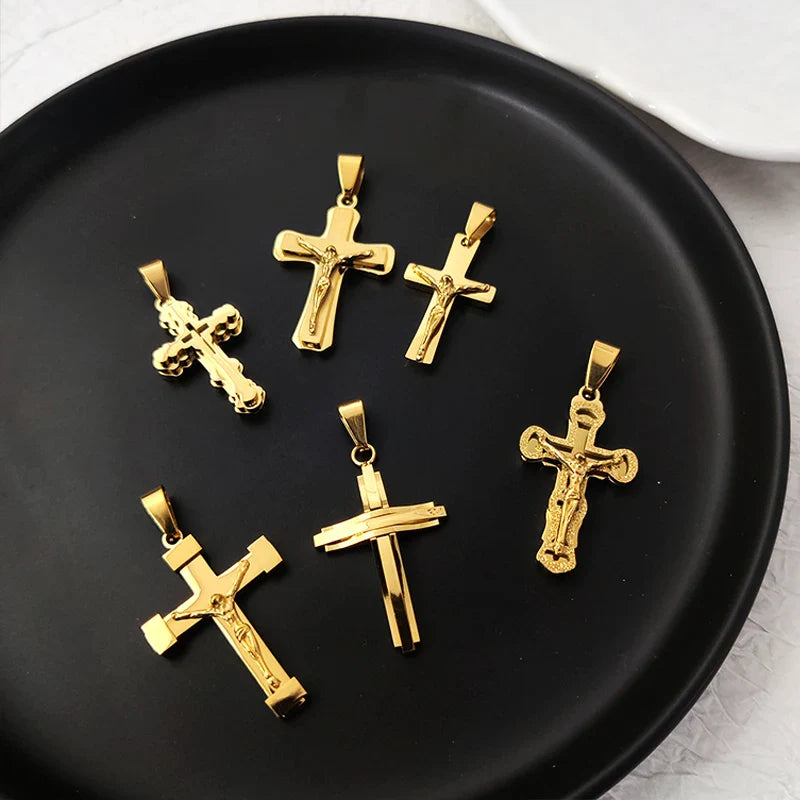 Stainless Steel Jesus Cross Pendant 18K Gold Plated Elegant Christian Symbol Jewelry for Men Women Church Outfit Accent Vera Lux