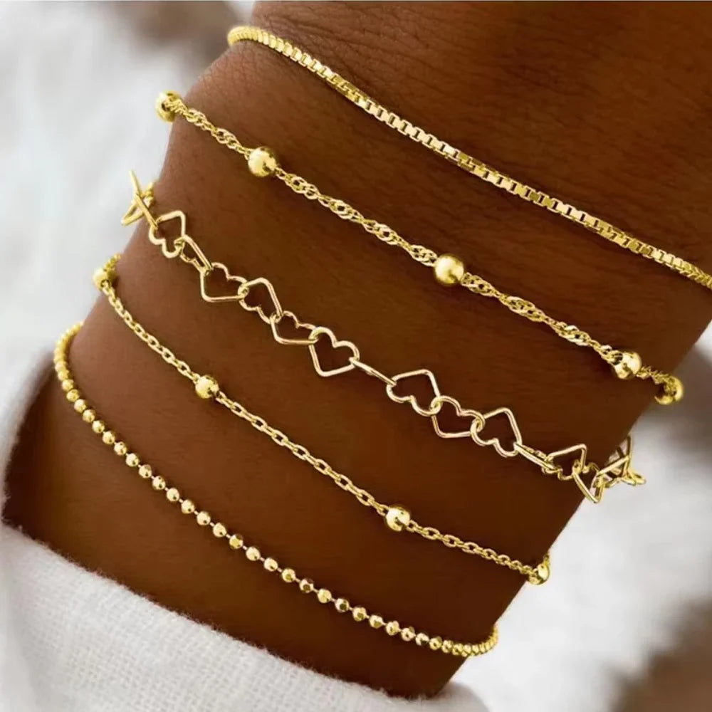 5 Pcs Set Silver Color Chain Bead Bracelets for Women Simple Elegant Vacation Beach Party Casual Jewelry Versatile Daily Wear Vera Lux