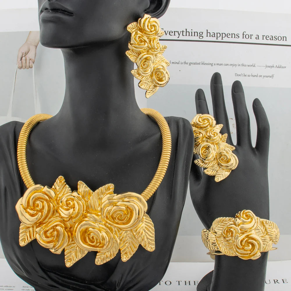 African Fashion Flower Jewelry Set for Women Luxury Gold Color India Big Hig Quality Earrring Necklace Bangle Ring Bride  Gif Vera Lux