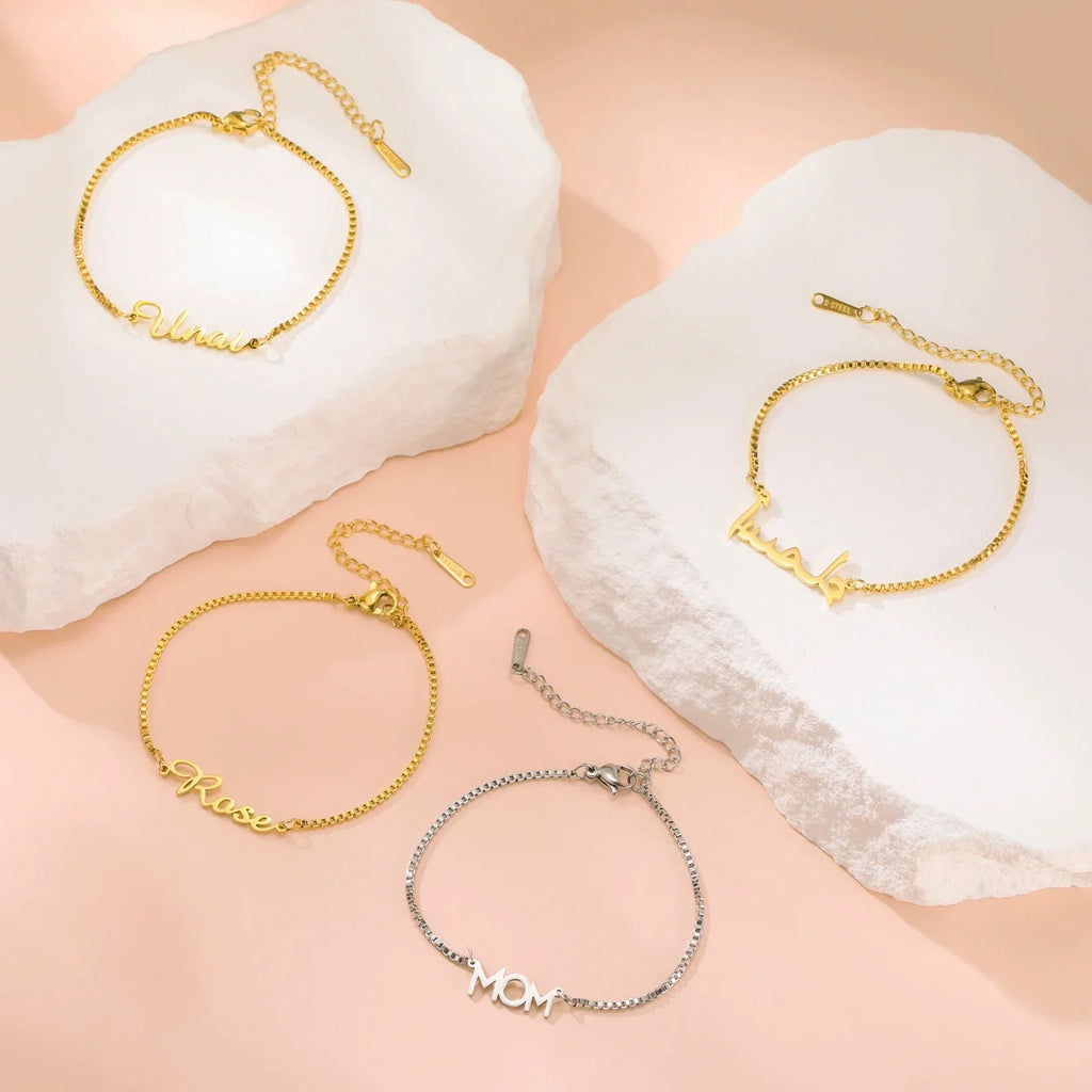 Women Girls Personalized Name Bracelet Stainless Steel Box Chain Letter Customized Charm Bracelets Unique Custom Jewelry Gift Vera Lux