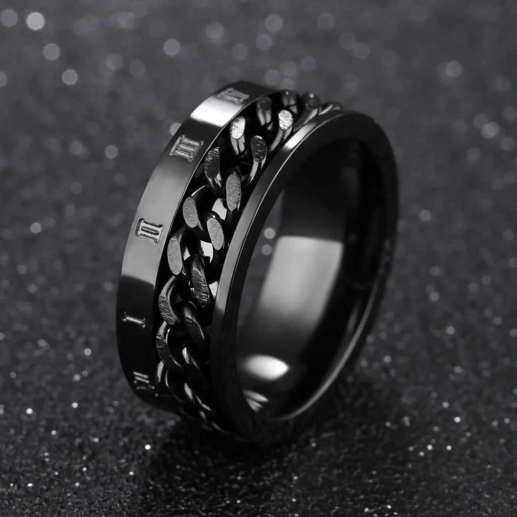 Roman Numerals Stainless Steel Chain Rotating Anxiety Black Rings For Men Fidget Metal Spinner Knuckle Ring Anillos De Hombre Vera Lux