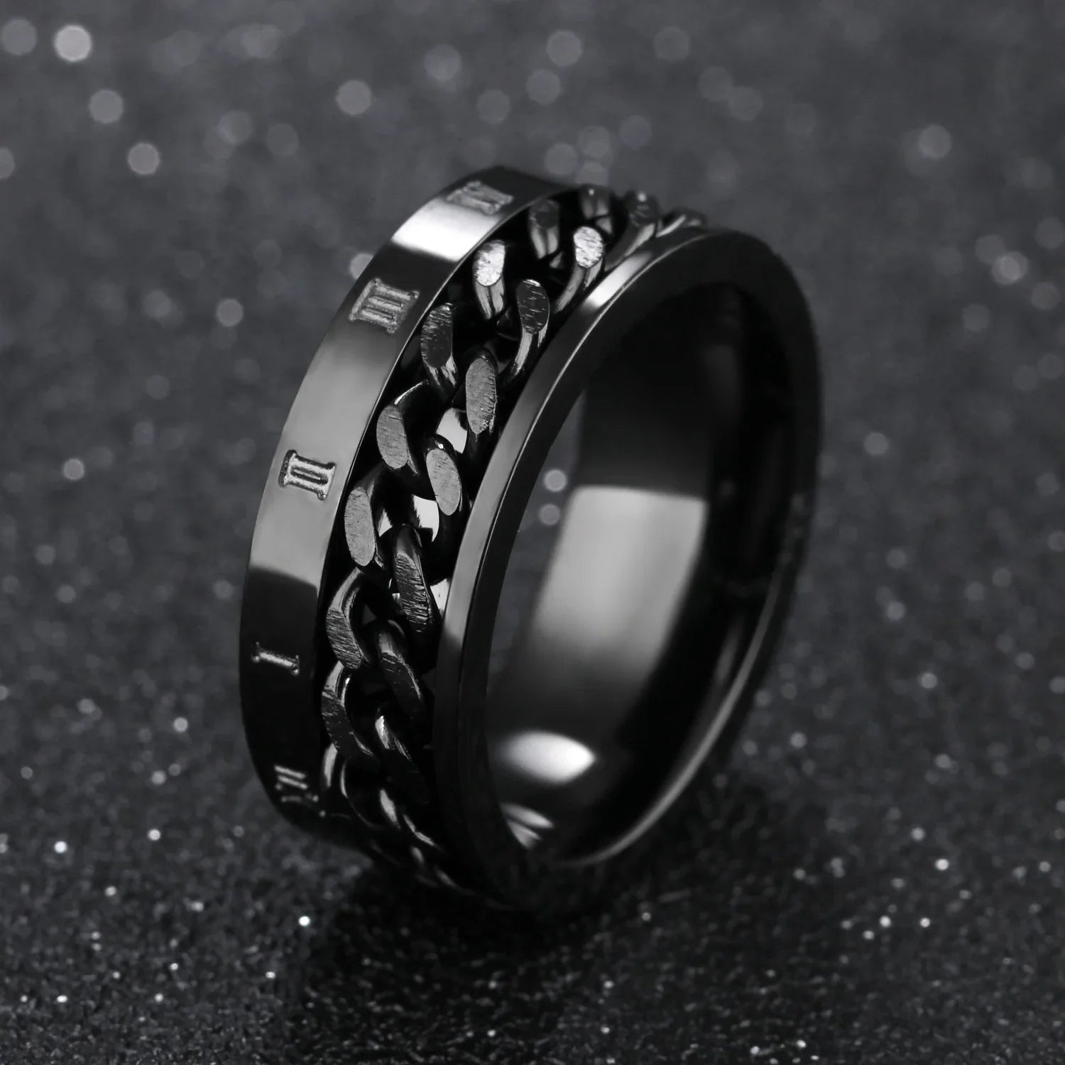 Roman Numerals Stainless Steel Chain Rotating Anxiety Black Rings For Men Fidget Metal Spinner Knuckle Ring Anillos De Hombre Vera Lux