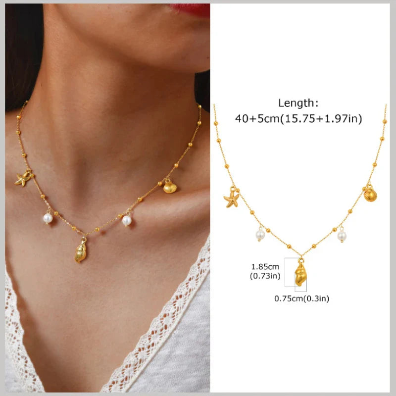 18k Gold Plated Pearl Shell Conch Starfish Summer Beach Necklace, Charms Necklace for Women,Stainless Steel Waterproof Jewelry Vera Lux