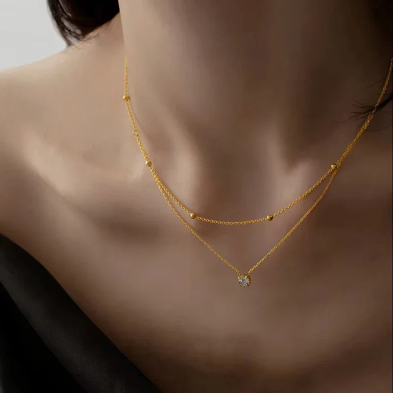 Stainless Steel Light Luxury Charm White Round Zircon Pendant Double layer Necklace Lady Classic Neck Chain Jewelry Vera Lux