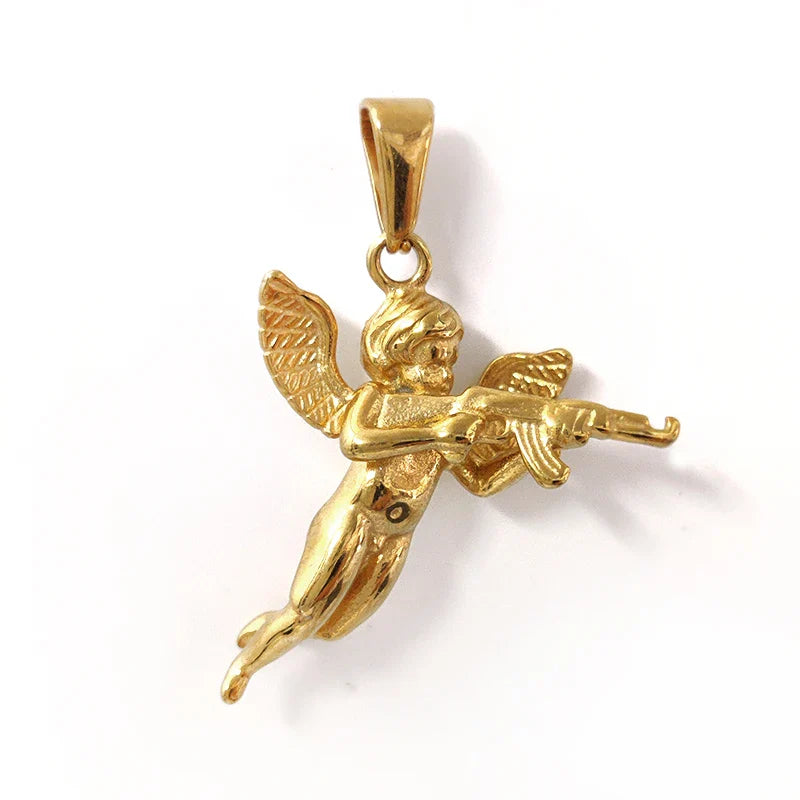 3D Angel with Gun Pendant Necklace for Men - 18K Gold Plated & 316L Steel Rope Chain Hip Hop Gothic Jewelry Gift Cupid's Reveng Vera Lux