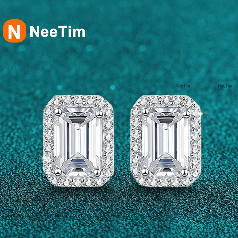 NeeTim 0.5CT 1CT 2CT Emerald Cut Moissanite Stud Earrings for Women Radiant Cut Bridal Classic Studs Jewelry S925 Silver Earring Vera Lux