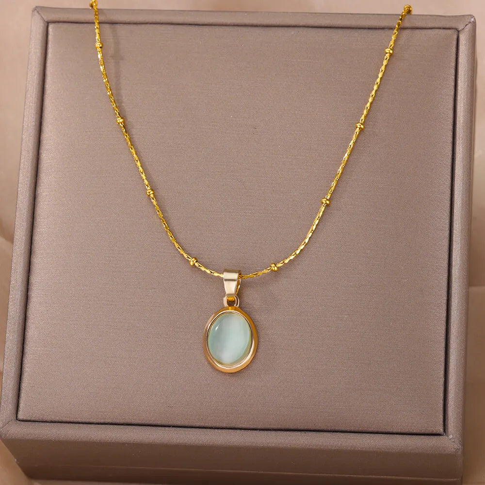 Round Opal Necklace For Women Girls Stainless Steel Natural Stone Pendant Chains Choker Necklaces New In Jewelry Gift Collier Vera Lux