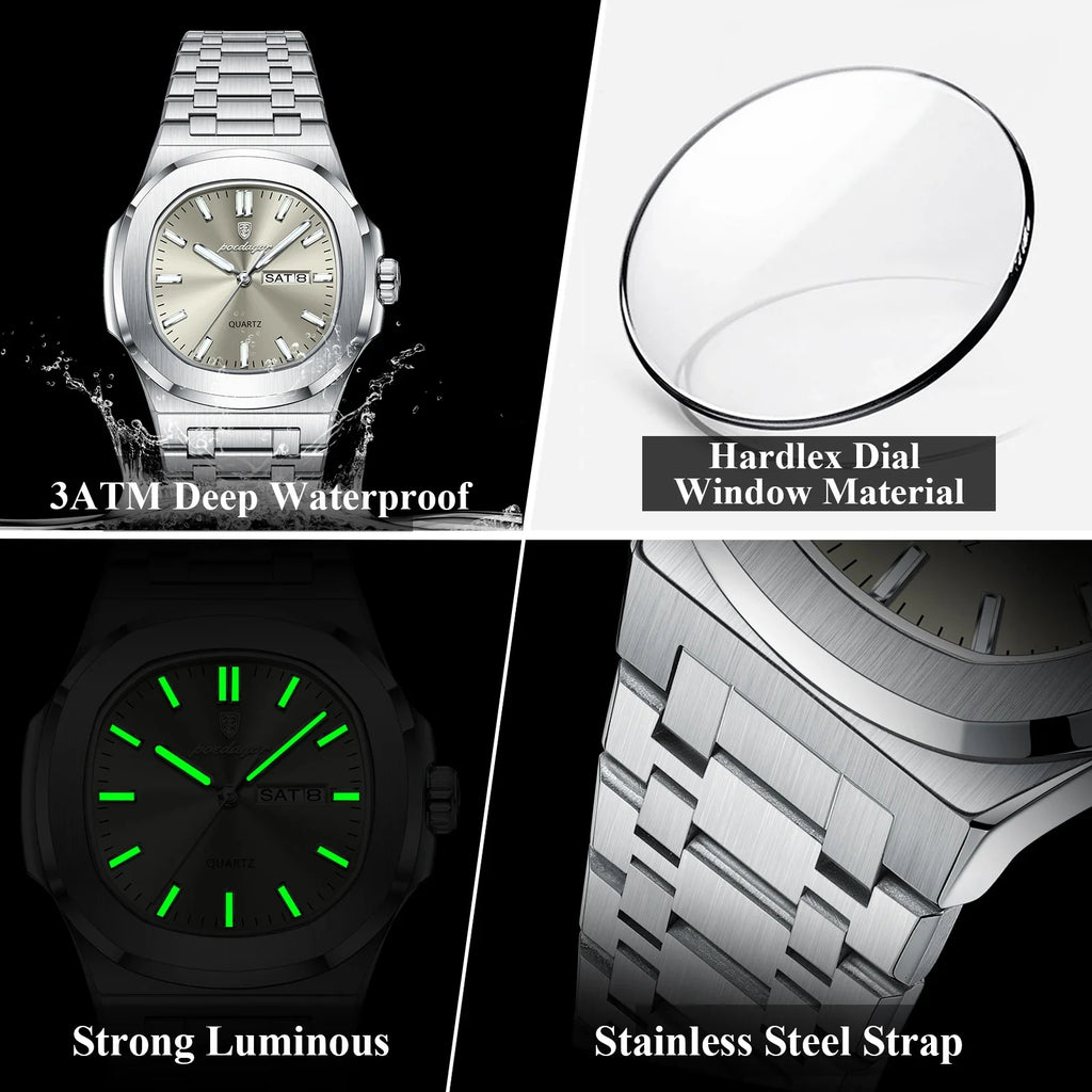 POEDAGAR Trendy Casual Wristwatch For Men Week Date Stainless Steel Man Watch Luminous Waterproof Luxury Quartz Men Watches+Box Vera Lux