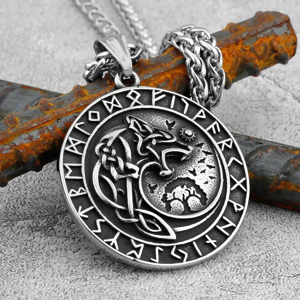 Norse Mythology Viking Wolf Necklaces Men Stainless Steel Viking Runes Vegvisir Amulet Pendant Scandinavian Vintage Male Jewelry Femstylo