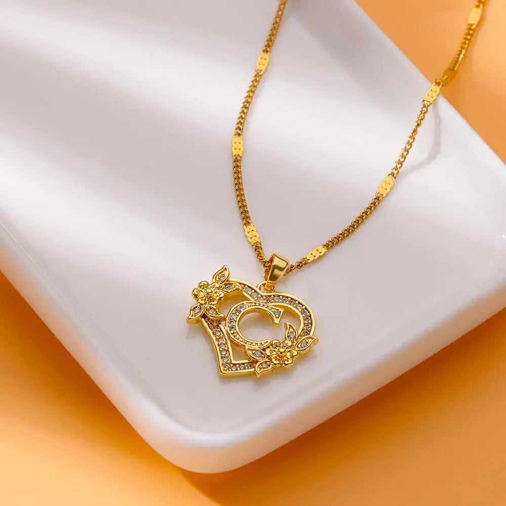 Zircon Flower Heart Initials Necklaces For Women Stainless Steel Heart Lover Gold Color Letter Chain Collar Necklace Jewelry Vera Lux