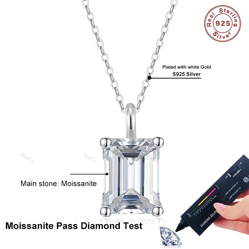 NeeTim 1ct 2ct  3ct 4ct Emerald Cut Moissanite Pendant Necklace for Women S925 Silver with White Gold Plated Necklaces Chain Vera Lux