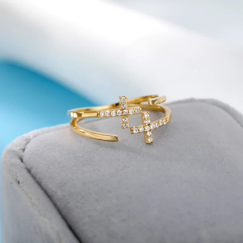 Zircon Double Cross Rings For Woman Stainless Steel Gold Color Shiny Opening Ring New Luxury Fashion Wedding Jewelry Gift Bague Vera Lux
