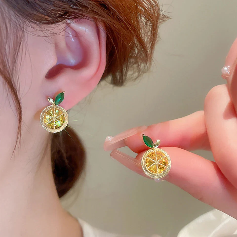 Yupsk Korean Cute Orange Lemon Fruit Stud Earrings for Women Girls Delicate Yellow Cubic Zirconia Fashion Daily Ear Accessories Vera Lux