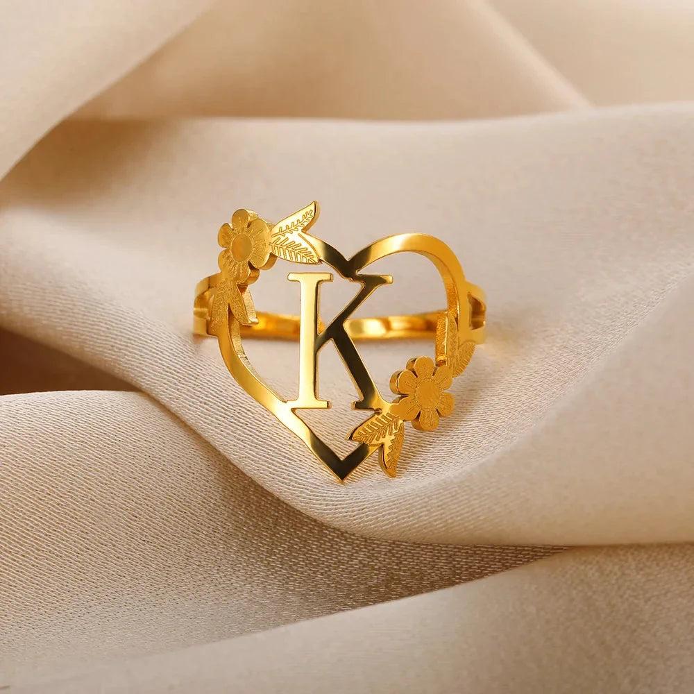 Stainless Steel Initials Letter Heart Rings for Women Girls Gold Color Flower Alphabet Ring Fashion Valentine's Day Jewelry Gift Vera Lux