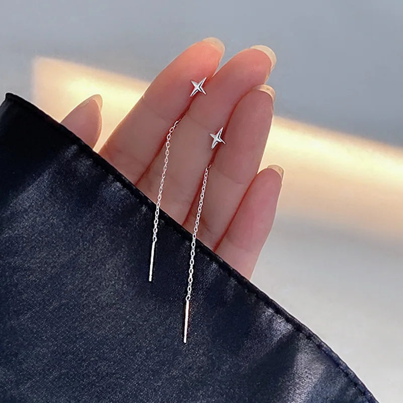 JWER S925 Silver Needle Star Line Earring for Women Tassel Drop Earring Long Chain Beads Piercing Earring Asymmetry Ear Jewelry Vera Lux